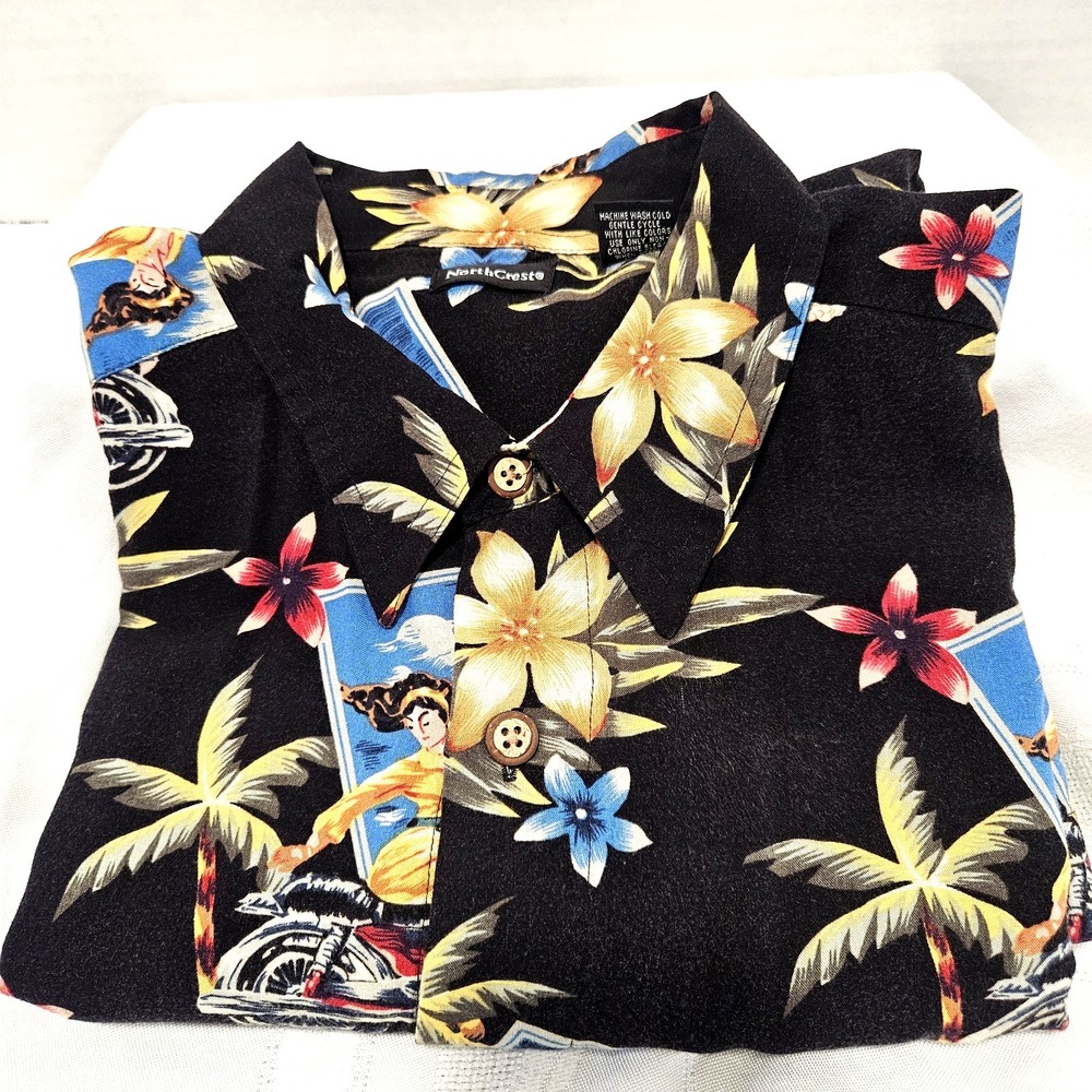 Northcrest Men's L Hawaiian Shirt Black w/ Multi-Color Print 100% Rayon